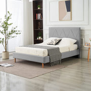 SQUARE DOUBLE BED WITH WOODEN LEGS AND GREY FAUX LEATHERETTE 160X200CM