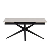 MESA DE COMEDOR EXTENSIBLE TONIA, BASE DE METAL NEGRO, TABLERO DE CERÁMICA TRAVERTINO BLANCO, 160/240X90X76CM