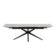 MESA DE COMEDOR EXTENSIBLE TONIA, BASE DE METAL NEGRO, TABLERO DE CERÁMICA TRAVERTINO BLANCO, 160/240X90X76CM