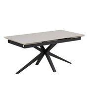MESA DE COMEDOR EXTENSIBLE TONIA, BASE DE METAL NEGRO, TABLERO DE CERÁMICA TRAVERTINO BLANCO, 160/240X90X76CM