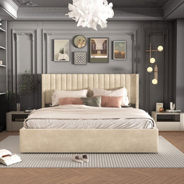 CAMILLE DOUBLE BED WITH STORAGE, BEIGE VELVET, 140X190CM