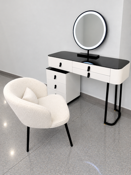 AN ELEGANT DRESSING TABLE WITH CHAIRS AND LED MIRROR AND SIDETABLE FOR STORAGE WITH PHONE CHARGING OPTION IN WHITE AND BLACK FINISH. MEASUREMENT 100X40X75CM