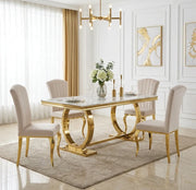 OMEGA GOLD DINING TABLE WITH WHITE MARBLE WITH GOLD FEETS . MEASUREMENTS 180X90CM