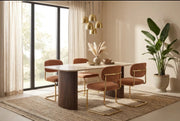TINA DINING TABLE WITH WALNUT EFFECT LEGS AND MATTE TRAVERTINE CERAMIC TABLETOP. MEASUREMENT 180X90X75CM