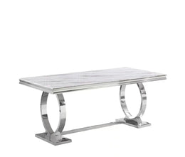 OMEGA CHROME DINING TABLE WITH WHITE MARBLE FINISH AND SILVER FEETS . MEASUREMENTS 180X90CM