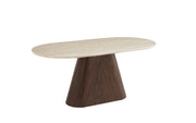 OURLET DINING TABLE WITH WALNUT LEGS AND TRAVERTINE EFFECT CERAMIC TABLETOP. MEASUREMENTS 180X90X75CM