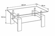 GLORIA COFFEE TABLE WITH WALNUT EFFECT LEGS AND CLEAR GLASS TOP. MEASUREMENTS 100X60CM
