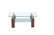 GLORIA COFFEE TABLE WITH WALNUT EFFECT LEGS AND CLEAR GLASS TOP. MEASUREMENTS 100X60CM