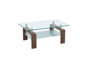 GLORIA COFFEE TABLE WITH WALNUT EFFECT LEGS AND CLEAR GLASS TOP. MEASUREMENTS 100X60CM