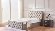 CAMA CANAPÉ VICTORIA CON TERCIOPELO MOCHA CON CAPITONÉ DE DIAMANTES 140X190CM