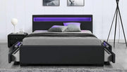 Cama con somier LED, polipiel negra y cajones, 140x190 cm