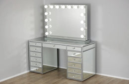 VANITY SET WITH MIRROR + BLUETOOTH MIRROR WITH LED LIGHTS , MIRRORED SHELVES /TRAYS,MDF SRRUCTURE DRESSING TABLE - 80X130CM AND MIRROR - 75X110CM