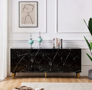 APARADOR DE ESTILO BARROCO CON ACABADO DE LACADO EN MÁRMOL NEGRO, 4 PUERTAS ABATIBLES, DIMENSIONES 180X40X80CM CON PATAS DE ACERO DORADO. LA ESTRUCTURA ES DE MDF