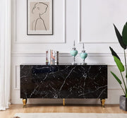 APARADOR DE ESTILO BARROCO CON MÁRMOL NEGRO, ACABADO LACADO, 3 PUERTAS BATIENTES 160X40X80CM CON PATAS DE ACERO DORADO. LA ESTRUCTURA ES DE MDF.