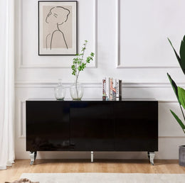 BAROQUE STYLE SIDEBOARD CABINET WITH BLACK LACQUER FINISH , 3HINGED DOORS , 160X40X80CM WITH CHROME STEEL LEGS . THE STRUCTURE IS MADE OF MDF