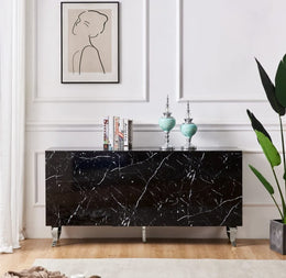 BAROQUE SIDEBOARD CABINET WITH BLACK MARBLE LACQUER - 3 DOORS 160X40X80CM WITH CHROME LEGS