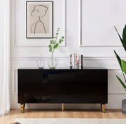 BAROQUE STYLE SIDEBOARD CABINET WITH BLACK LACQUER FINISH 3 HINGED DOORS 160X40X80CM WITH GOLD STEEL LEGS . THE STRUCYURE IS MADE OF MDF