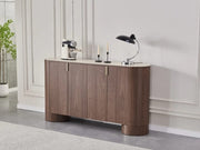 ICONIC SIDEBOARD IS A 4 DOOR WALNUT MDF SIDEBOARD WITH A SCARTCH AND HEAT RESISTANT TRAVERTINE CERAMIC TOP AND STAINLESS STEEL 180X40X100CM