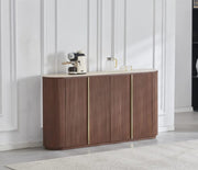THE CALYPSO SIDEBOARD IS A 4 DOOR WALMUT MDF SIDEBOARD WITH A SCARTCH AND HEAT RESISATNT TRAVERTINE CERAMIC TOP AND STAINLESS STEEL DETAILS , MEASURING 180X40X100CM