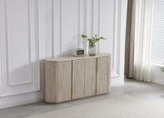 THE CALYPSO FULL SIDEBOARD IS A 4 DOOR MDF SIDEBOARD WITH A FULL TRAVERTINE CERAMIC TOP THAT IS SCARTCH AND HEAT RESISTANCE FEATURING STAINLESS STEEL DETAILS AND MEASURING 180X40X100CM