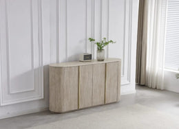 THE CALYPSO FULL SIDEBOARD IS A 4 DOOR MDF SIDEBOARD WITH A FULL TRAVERTINE CERAMIC TOP THAT IS SCARTCH AND HEAT RESISTANCE FEATURING STAINLESS STEEL DETAILS AND MEASURING 180X40X100CM