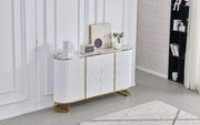 THE ESMEE SIDEBOARD IS A 4 DOOR MDF SIDEBOARD WITH A BEIGE MARBLE EFFECT CERAMIC TOP THAT IS SCRATCH AND HEAT RESISTANCE , FEATURING STAINLESS STEEL DETAILS AND MEASURING 180X40X100CM