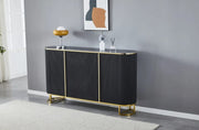 THE ESMEE SIDEBOARD IS A 4 DOOR MDF SIDEBOARD WITH A BLACK CERAMIC TOP THAT IS SCRATCH AND HEAT RESISTANCE FEATURING STAINLESS STEEL DETAILS AND MAESURING 180X40X100CM