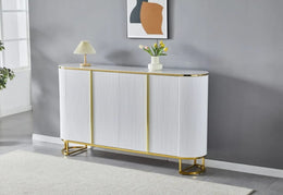 THE ESMEE SIDEBOARD IS A 4 DOOR MDF SIDEBOARD WITH A WHITE MARBLE EFFECT CERAMIC TOP THAT IS SCARTCH AND HEAT RESISTANCE FEAUTURING STAINLESS STEEL DETAILS AND MEASURING 180X40X100CM