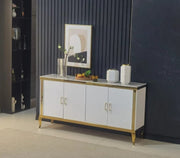 THE BAROQUE SIDEBOARD IS A 4 DOOR MDF SIDEBOARD WITH A MARBLE EFFECT DESGIN , WHITE AND GOLD  AND TEMPERED GLASS TOP FEATURING STAINLESS STEEL DETAILS AND MEASURING 170X40X85CM
