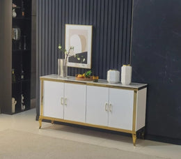 THE BAROQUE SIDEBOARD IS A 4 DOOR MDF SIDEBOARD WITH A MARBLE EFFECT DESGIN , WHITE AND GOLD  AND TEMPERED GLASS TOP FEATURING STAINLESS STEEL DETAILS AND MEASURING 170X40X85CM