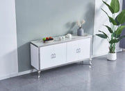 THE BAROQUE SIDEBOARD IS A 4 DOOR MDF SIDEBOARD WITH A MARBLE EFFECT DESIGN WHITE AND SLIVER AND TEMPERED GLASS TOP FEATURONG STAINLESS STEEL DETAILS AND MEASURING 170X40X85CM