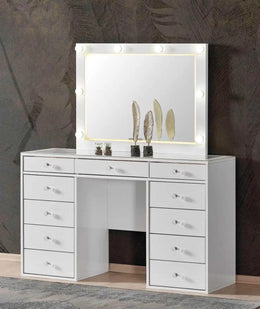 WHITE DRESSING TABLE WITH LED MIRROR AND 13 DRAWERS FOR STORAGE