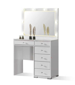 WHITE  DRESSING TABLE WITH LED MIRROR AND MULTIPLE 6 STORAGE DRAWERS
