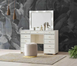 BEIGE DRESSING TABLE WITH LED MIRROR AND 13 DRAWERS FOR STORAGE