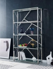 ESTANTERÍA GEOMAG CON CROMO 100X30X180CM. ESTANTES DE CRISTAL TEMPLADO, ESTRUCTURA DE ACERO CROMADO