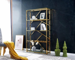 GEOMAG SHELF WITH  GOLD TEMPERED GLASS SHELVES AND GOLD STEEL FRAME WITH 100X30X180CM