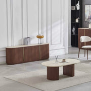 MUEBLE TV CALYPSO DE MDF NOGAL CON TAPA CERÁMICA TRAVERTINO RESISTENTE A RAYONES Y AL CALOR CON 4 PUERTAS 180X40X60CM