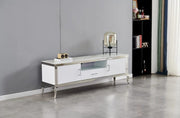 BAROQUE WHITE AND SILVER TV CABINET WITH 3 STORAGE DRAWERS AND BEIGE MARBLE 170X40X65CM