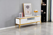 BAROQUE WHITE AND GOLD TV CABINET WITH 3 STORAGE DRAWERS AND WHITE MARBLE 170X40X65CM