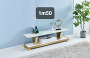 MUEBLE DE TV ESMEE DE MDF DORADO CON ENCIMERA DE CERÁMICA EFECTO MÁRMOL BLANCO Y GRIS CON 4 PUERTAS 150X40X65CM