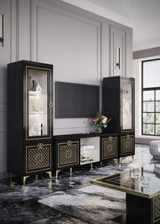 GUCCI SOFT GOLD TV UNIT WITH ELEGANT DESIGN BLACK SOFT GOLD FINISH FEATURING 2 DOORS AND A CENTRAL OPEN SHELF. WITH MDF STRUCTURE AND TEMPERED GLASS TOP AND GOLD STAINLESS STEEL LEGS 160X65X45CM