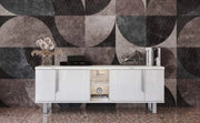 ORION TV CABINET WITH CLEAN GLOSSY FINISH WITH STORAGE DOOORS AND CENTRAL OPEN SHELF WITH LED LIGHTING WITH SLIVER LEGS