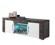 MASCARA TV CABINET WITH WHITE AND GRAY COLOR WITH STOARGE DOORS AND OPEN SHELF AND LED LIGHTING
