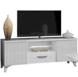 ELITE TV CABINET WITH WHITE AND SLIVER COLOR WITH STORAGE DOOR AND OPEN STOARGE WITH LED 150X50X60CM