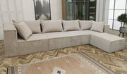 MODULO 4+1 UNIVERSAL CORNER SOFA WITH ECRU CORDUROY VELVET 405X192CM WITH WOODEN STRUCTURE , VELEVET UPHOLSTERY WITH HIGH RESILIENCE