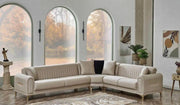 ORION CORNER SOFA CONVERTIBLE WITH BEIGE VELVET AND GOLD FINISHING  310X240X90CM WITH CUSHIONS