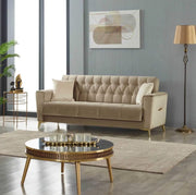 SOFÁ CONVERTIBLE 3 PLAZAS KELEBEK CON TERCIOPELO BEIGE Y PATAS DORADAS 216X90X90CM