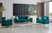 SOFÁ CONVERTIBLE MORENO COLOR VERDE Y ACABADO DORADO CON COJINES 3+2+1 (3 PLAZAS 218X88X88CM / 2 PLAZAS 158X88X88CM / 1 PLAZA 98X88X88CM)