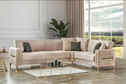 MORENO CONVERTIBLE CORNER SOFA WITH BEIGE COLOR AND GOLD FINISHING WITH CUSHIONS 310X240X90CM