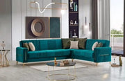 MORENO CONVERTIBLE CORNER SOFA WITH GREEN COLOR AND GOLD FINISHING WITH CUSHIONS 310X240X90CM